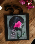 Handpressed unique pink robin art drawing illustration pink bird nature 100% organic fairtrade fairycore 10oz flat base totebag fashion bag