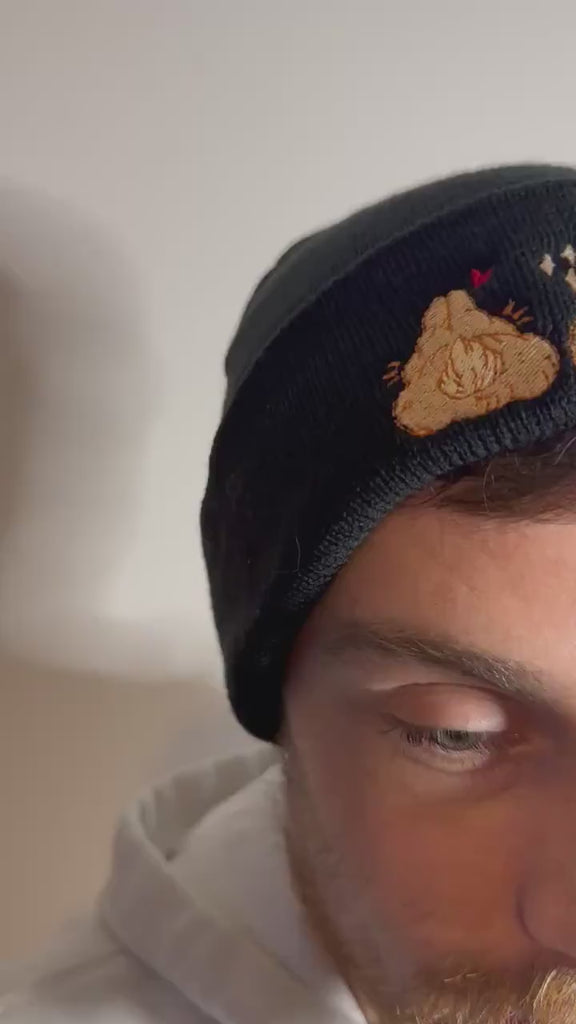 aborable kawaii THE BUNS (c)  art rabbit bunny butt cute unique embroidered thermal hat black beanie featuring little hearts and a carrot.