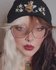 aborable THE BUNS (c)  kawaii art rabbit cute spring bee bumble bun  embroidered thermal hat black beanie featuring daisies