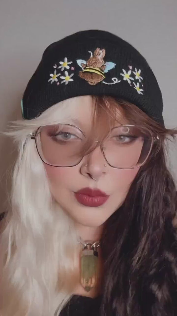 aborable THE BUNS (c)  kawaii art rabbit cute spring bee bumble bun  embroidered thermal hat black beanie featuring daisies